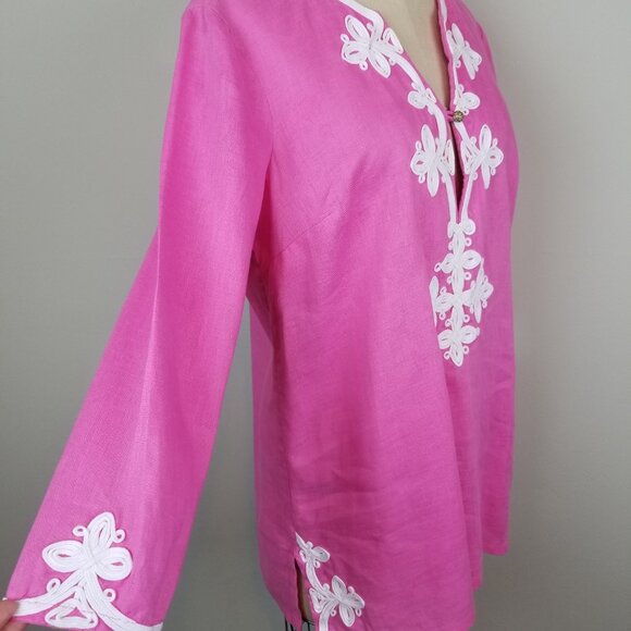 Hot Pink 3/4 Sleeve Linen Tunic Blouse with White Braid Detail Size Large - Picture 5 of 7